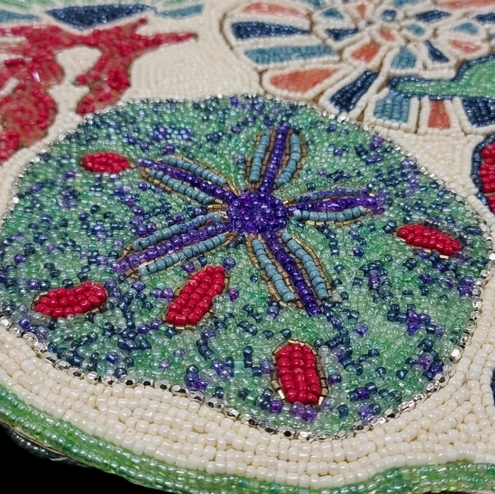 Beaded Seahorse Starfish Seashell Coral Tablerunner Decor Coastal Ocean Beach
